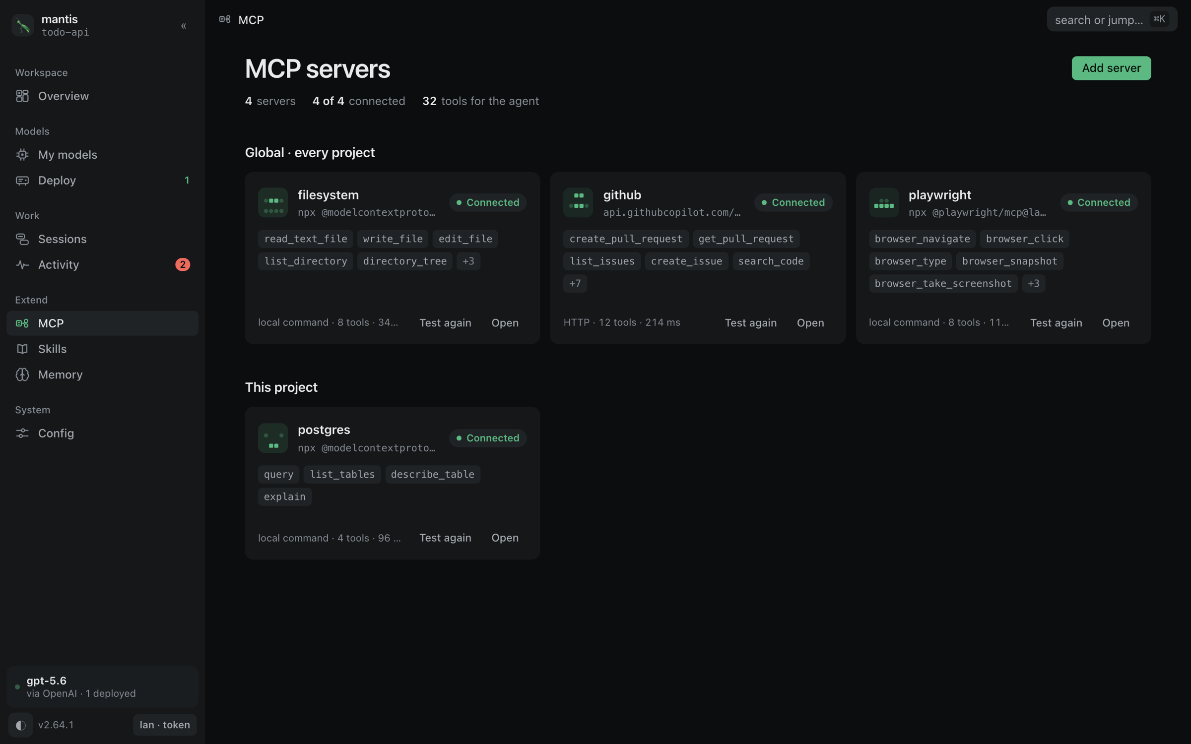 The mantis dashboard MCP servers page