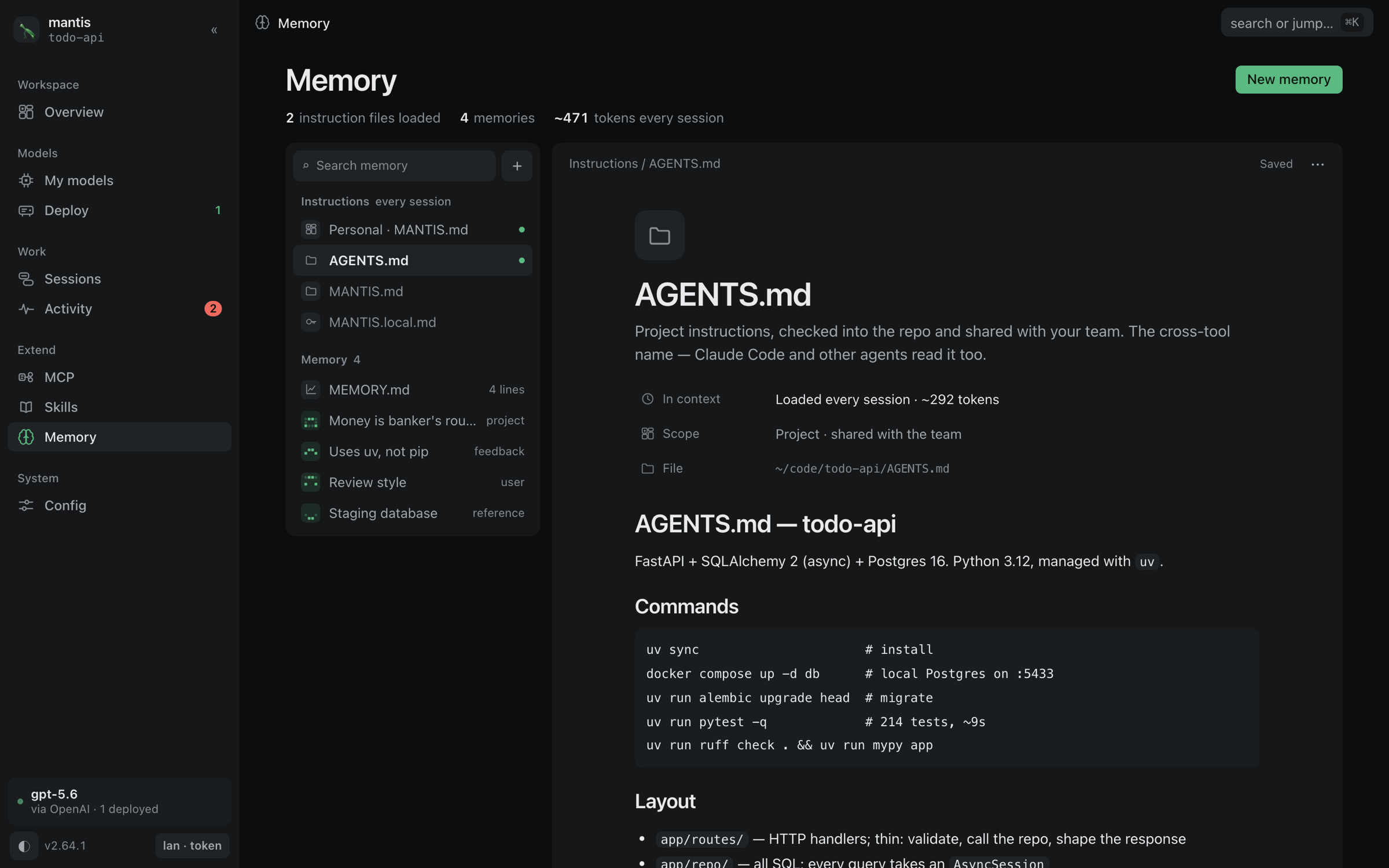 The mantis dashboard editing an AGENTS.md file