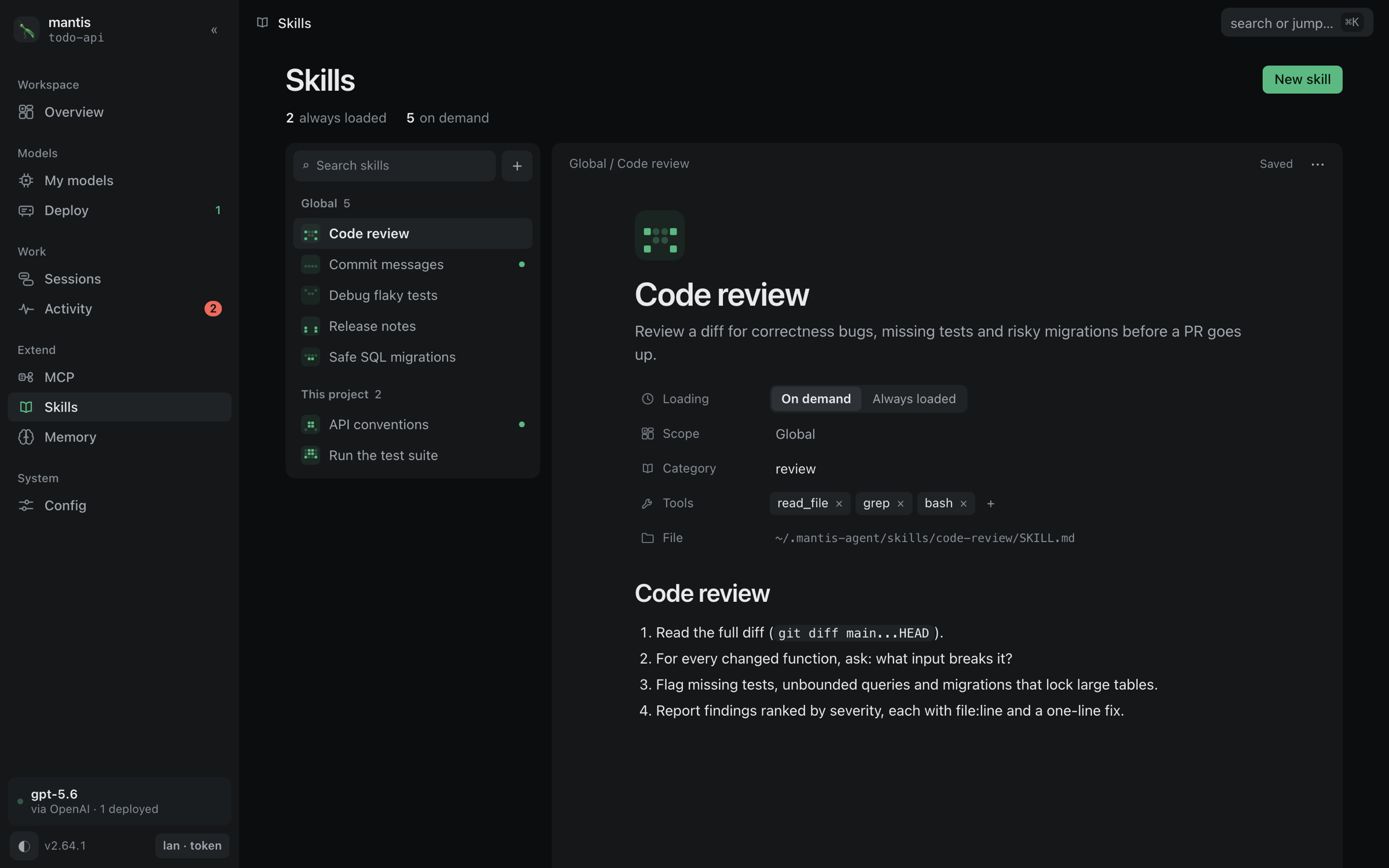The mantis dashboard skills page